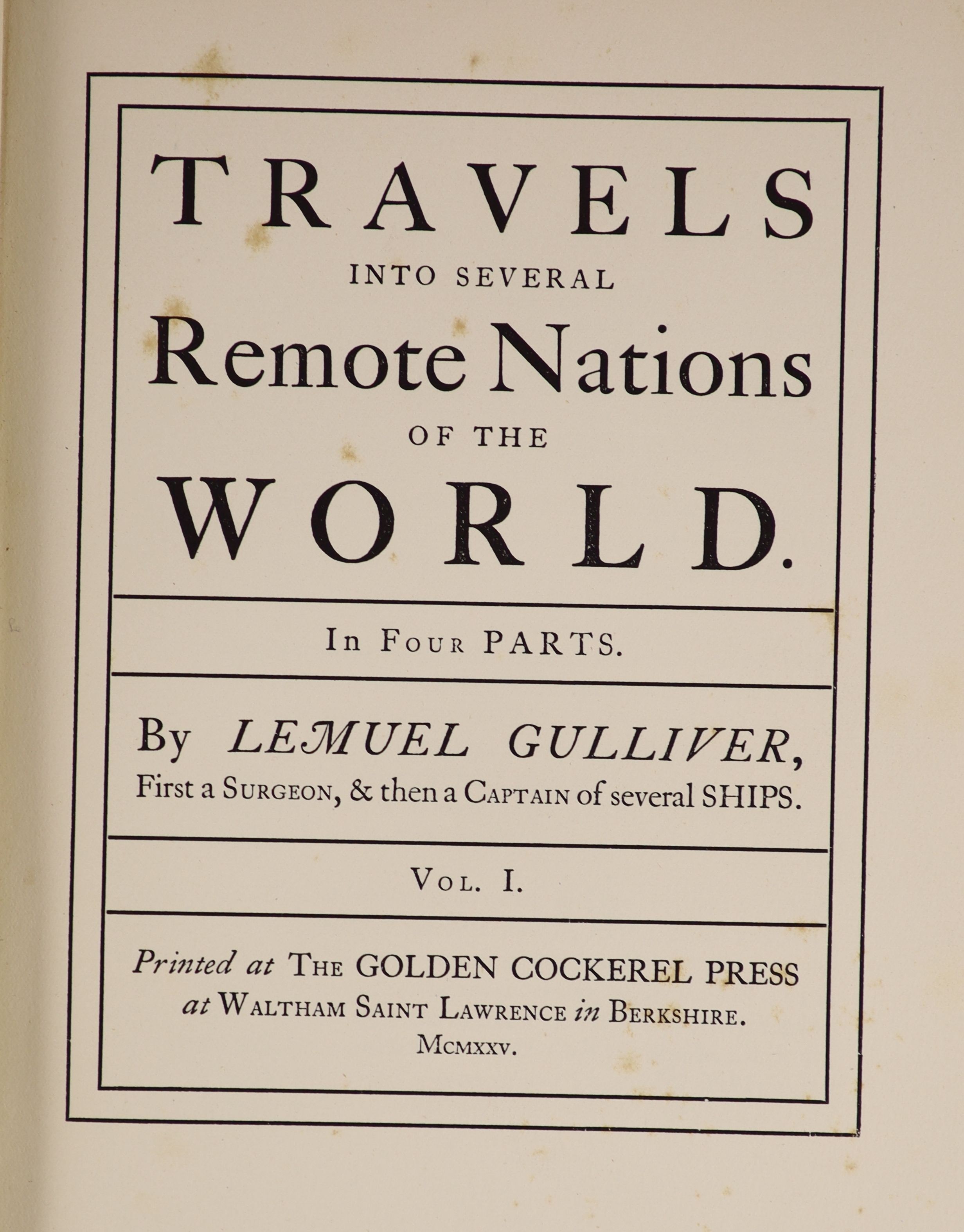Golden Cockerel Press-Waltham Saint Lawrence, Berkshire - Swift, Jonathan - Gulliver’s Travels ‘’Travels into Several Remote Nations’’, 2 vols, 4to, original half white buckram, number 414 of 480, illustrated with 42 woo